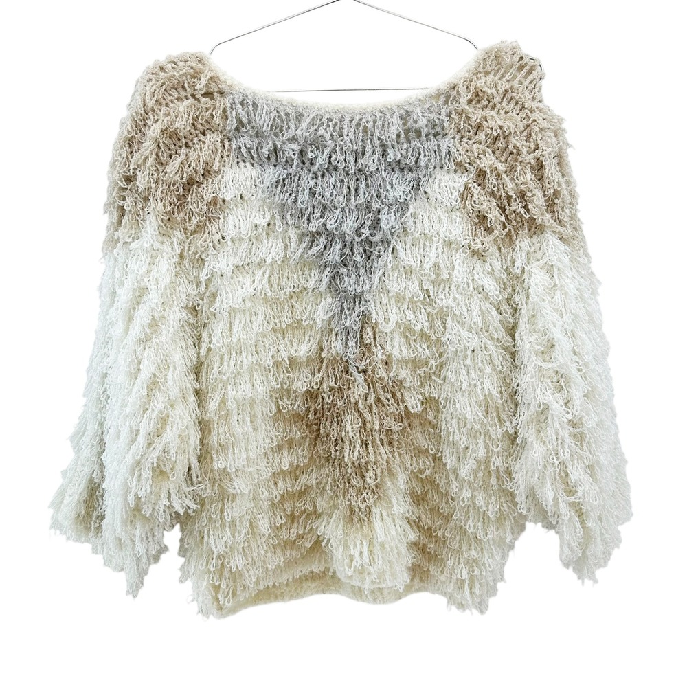 SIDEFFECTS Vintage Retro Shag Colorblock Sweater • Medium • cream tan boho chic